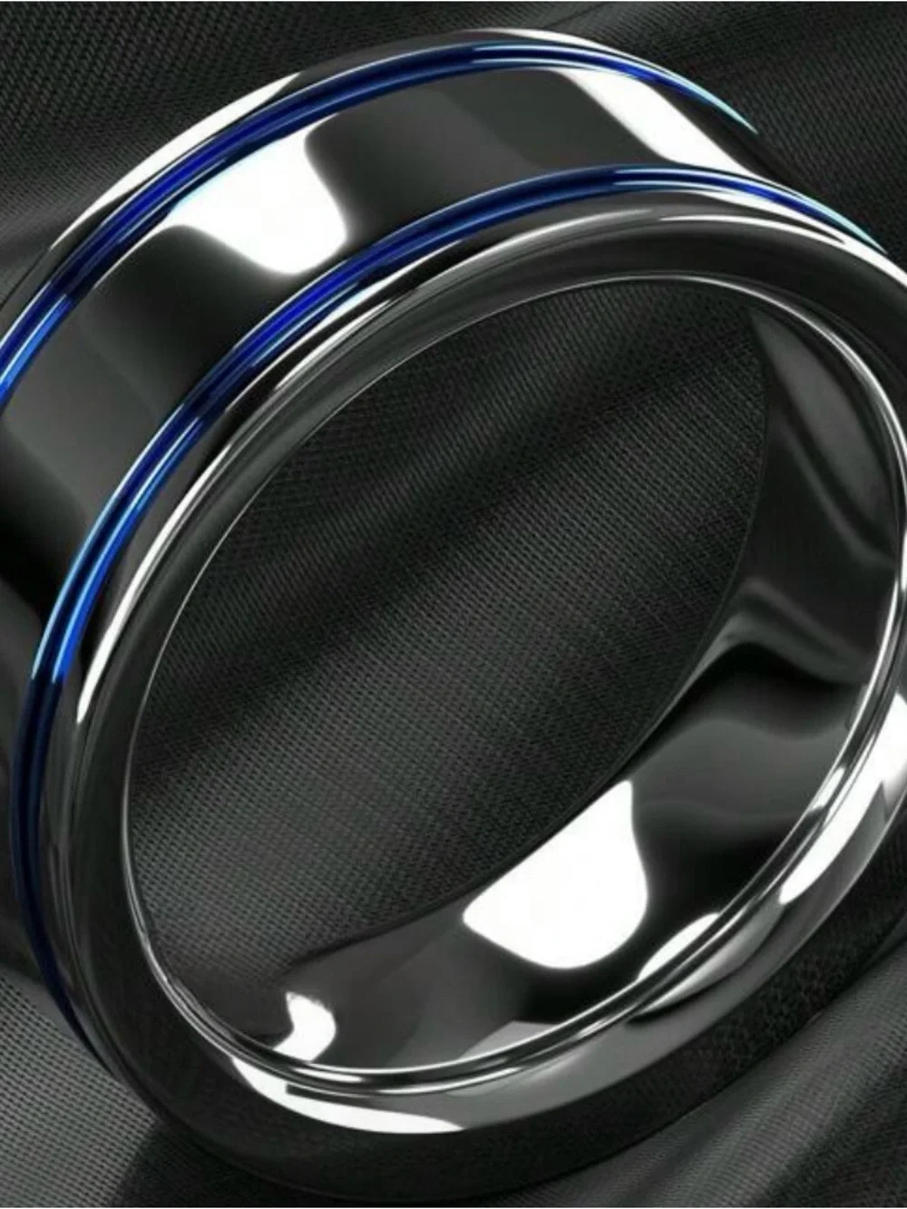 Men's Stainless Steel Silver Tone Ring with Blue Stripe Accents
